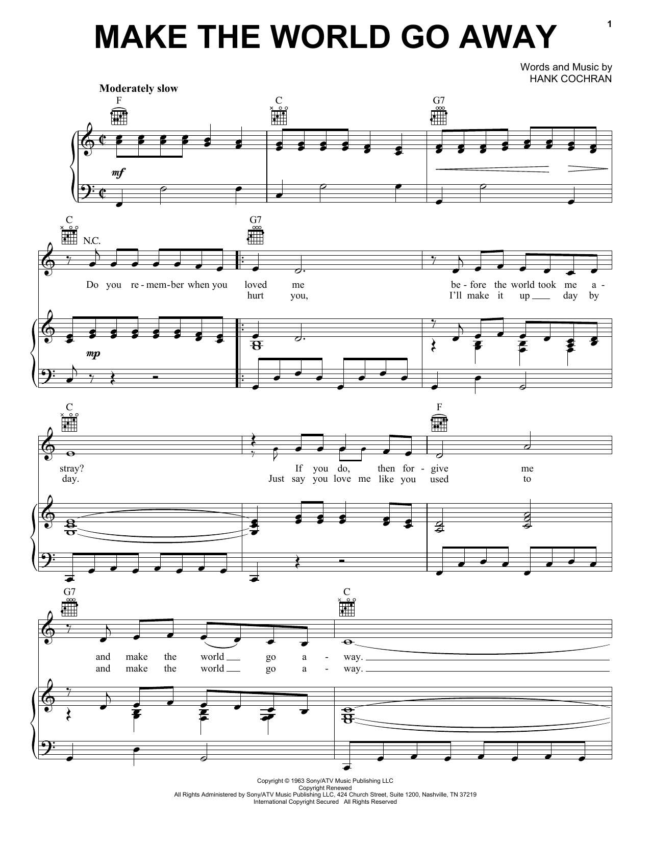 Preview Eddy Arnold Make The World Go Away Country sheet music, notes and chords for Piano, Vocal & Guitar (Right-Hand Melody), SKU: 18285 sheet music, piano notes, chords, guitar tabs, score, transpose, transcribe, how to play, guide, download, learn, tutorial, progression, song, artist, awards, billboard, mtv, vh1, tour, single, album, release