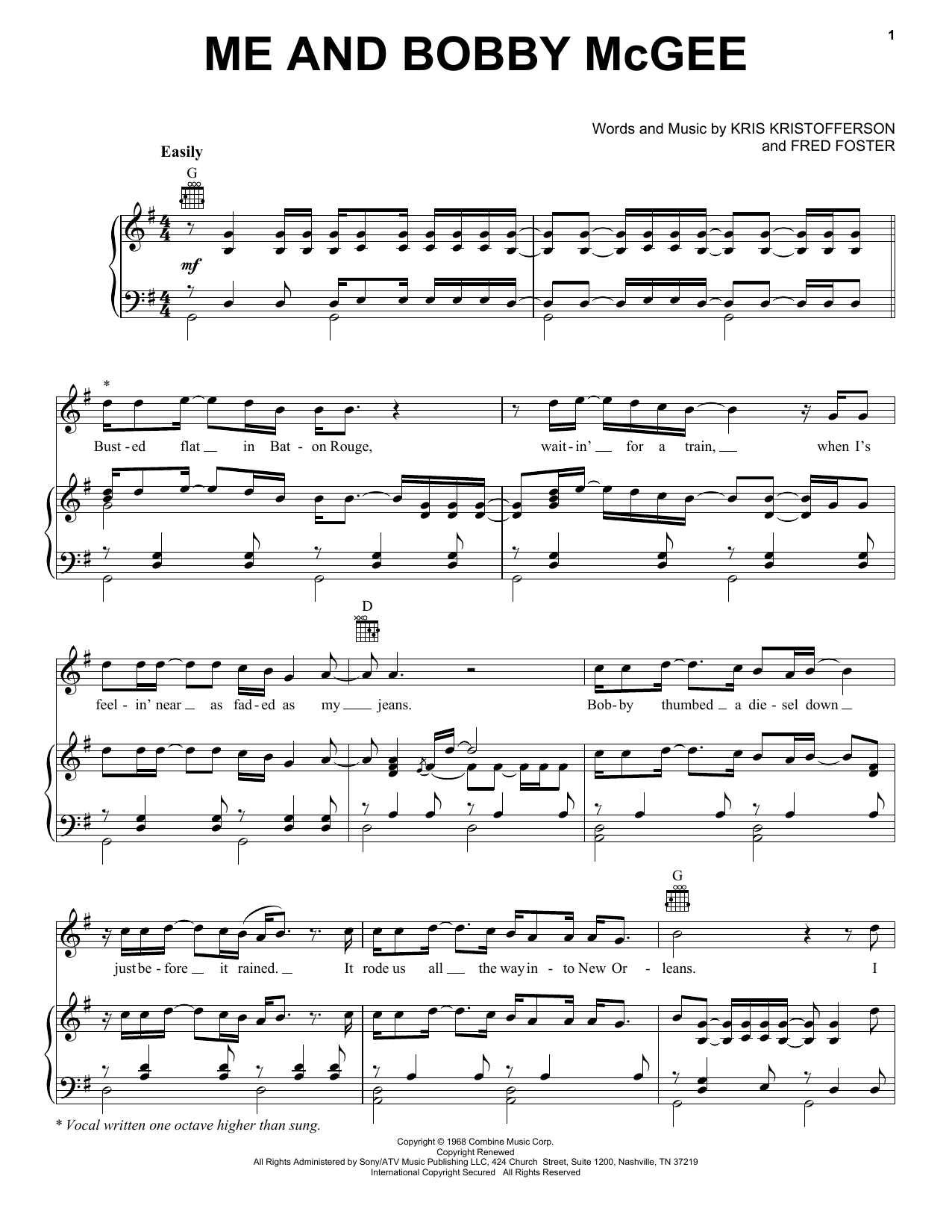 Preview Janis Joplin Me And Bobby McGee Pop sheet music, notes and chords for Piano, Vocal & Guitar (Right-Hand Melody), SKU: 18287 sheet music, piano notes, chords, guitar tabs, score, transpose, transcribe, how to play, guide, download, learn, tutorial, progression, song, artist, awards, billboard, mtv, vh1, tour, single, album, release