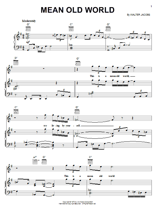 Preview Eric Clapton Mean Old World Pop sheet music, notes and chords for Piano, Vocal & Guitar (Right-Hand Melody), SKU: 18288 sheet music, piano notes, chords, guitar tabs, score, transpose, transcribe, how to play, guide, download, learn, tutorial, progression, song, artist, awards, billboard, mtv, vh1, tour, single, album, release