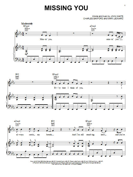 Preview John Waite Missing You Pop sheet music, notes and chords for Piano, Vocal & Guitar (Right-Hand Melody), SKU: 18291 sheet music, piano notes, chords, guitar tabs, score, transpose, transcribe, how to play, guide, download, learn, tutorial, progression, song, artist, awards, billboard, mtv, vh1, tour, single, album, release