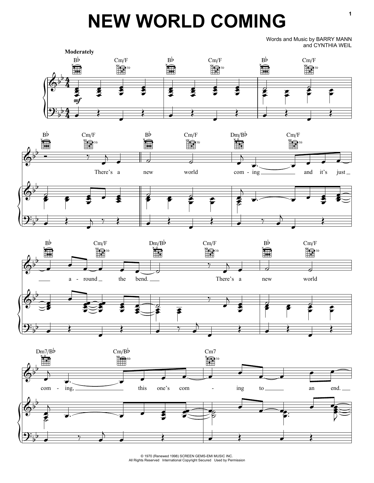 Preview Mama Cass Elliot New World Coming Pop sheet music, notes and chords for Piano, Vocal & Guitar (Right-Hand Melody), SKU: 18297 sheet music, piano notes, chords, guitar tabs, score, transpose, transcribe, how to play, guide, download, learn, tutorial, progression, song, artist, awards, billboard, mtv, vh1, tour, single, album, release