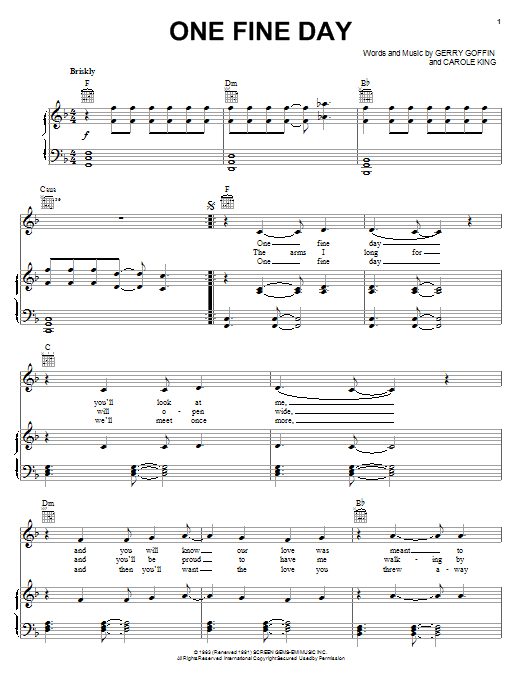 Preview Rita Coolidge One Fine Day Pop sheet music, notes and chords for Piano, Vocal & Guitar (Right-Hand Melody), SKU: 18299 sheet music, piano notes, chords, guitar tabs, score, transpose, transcribe, how to play, guide, download, learn, tutorial, progression, song, artist, awards, billboard, mtv, vh1, tour, single, album, release