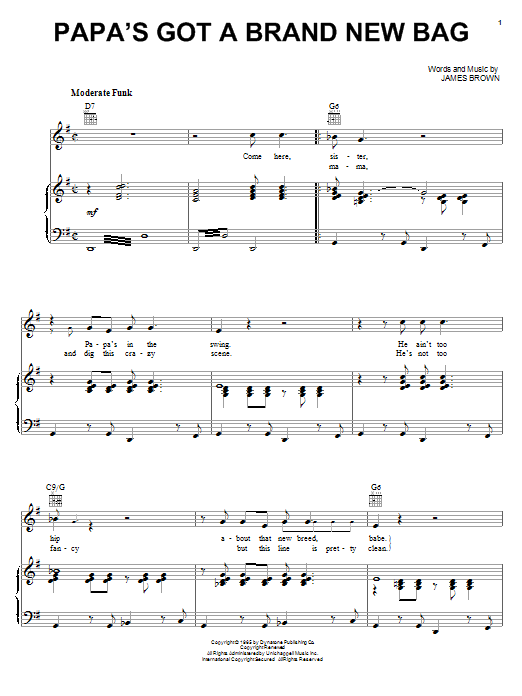 Preview James Brown Papa's Got A Brand New Bag Pop sheet music, notes and chords for Piano, Vocal & Guitar (Right-Hand Melody), SKU: 18303 sheet music, piano notes, chords, guitar tabs, score, transpose, transcribe, how to play, guide, download, learn, tutorial, progression, song, artist, awards, billboard, mtv, vh1, tour, single, album, release