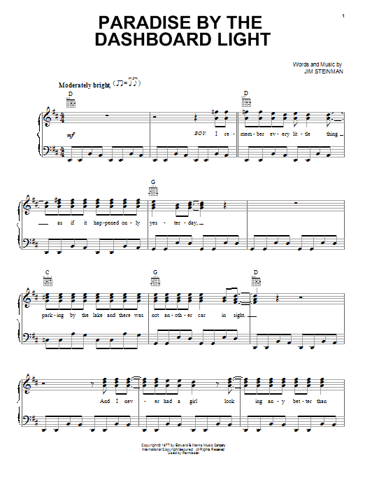 Preview Meat Loaf Paradise By The Dashboard Light Rock sheet music, notes and chords for Piano, Vocal & Guitar (Right-Hand Melody), SKU: 18304 sheet music, piano notes, chords, guitar tabs, score, transpose, transcribe, how to play, guide, download, learn, tutorial, progression, song, artist, awards, billboard, mtv, vh1, tour, single, album, release