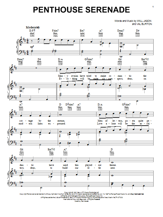 Preview Nat King Cole Penthouse Serenade Jazz sheet music, notes and chords for Piano, Vocal & Guitar (Right-Hand Melody), SKU: 18305 sheet music, piano notes, chords, guitar tabs, score, transpose, transcribe, how to play, guide, download, learn, tutorial, progression, song, artist, awards, billboard, mtv, vh1, tour, single, album, release