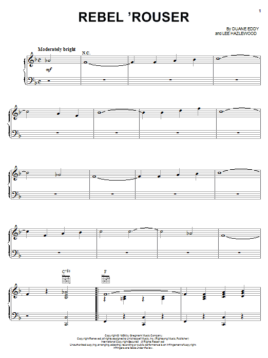Preview Duane Eddy Rebel 'Rouser Pop sheet music, notes and chords for Piano, Vocal & Guitar (Right-Hand Melody), SKU: 18313 sheet music, piano notes, chords, guitar tabs, score, transpose, transcribe, how to play, guide, download, learn, tutorial, progression, song, artist, awards, billboard, mtv, vh1, tour, single, album, release