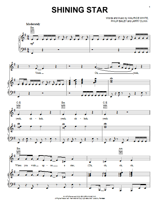 Preview Earth, Wind & Fire Shining Star Pop sheet music, notes and chords for Piano, Vocal & Guitar (Right-Hand Melody), SKU: 18317 sheet music, piano notes, chords, guitar tabs, score, transpose, transcribe, how to play, guide, download, learn, tutorial, progression, song, artist, awards, billboard, mtv, vh1, tour, single, album, release