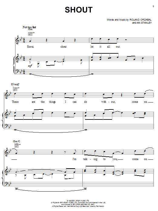 Preview Tears For Fears Shout Rock sheet music, notes and chords for Piano, Vocal & Guitar (Right-Hand Melody), SKU: 18319 sheet music, piano notes, chords, guitar tabs, score, transpose, transcribe, how to play, guide, download, learn, tutorial, progression, song, artist, awards, billboard, mtv, vh1, tour, single, album, release
