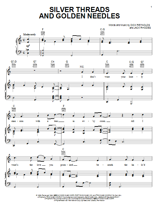 Preview Linda Ronstadt Silver Threads And Golden Needles Pop sheet music, notes and chords for Piano, Vocal & Guitar (Right-Hand Melody), SKU: 18321 sheet music, piano notes, chords, guitar tabs, score, transpose, transcribe, how to play, guide, download, learn, tutorial, progression, song, artist, awards, billboard, mtv, vh1, tour, single, album, release