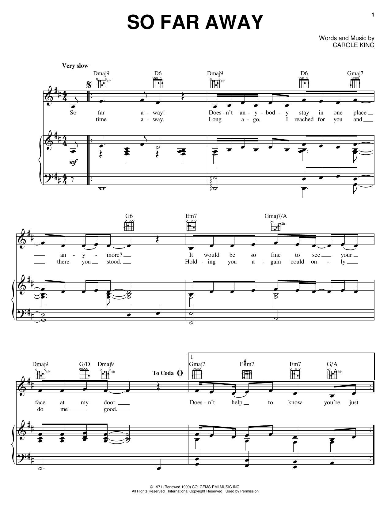 Preview Carole King So Far Away Rock sheet music, notes and chords for Piano, Vocal & Guitar (Right-Hand Melody), SKU: 18323 sheet music, piano notes, chords, guitar tabs, score, transpose, transcribe, how to play, guide, download, learn, tutorial, progression, song, artist, awards, billboard, mtv, vh1, tour, single, album, release