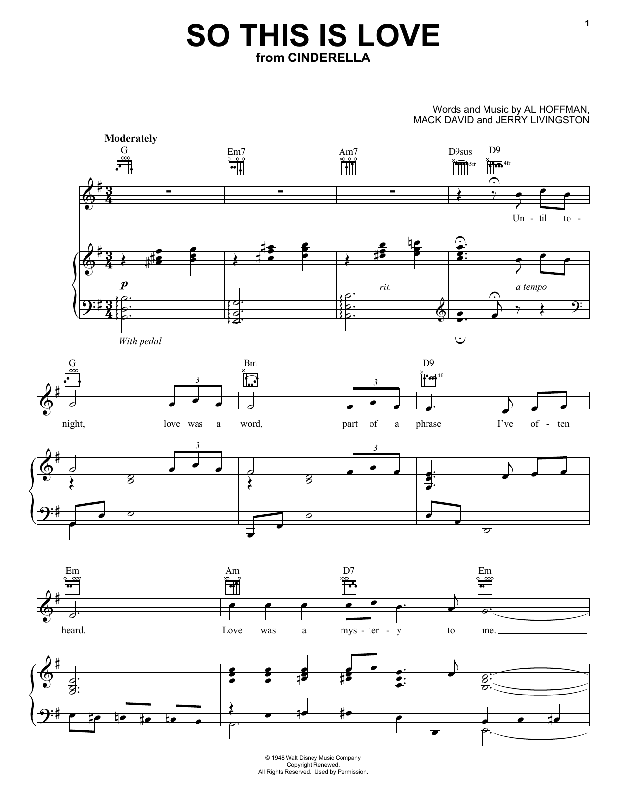 Preview Mack David So This Is Love (The Cinderella Waltz) Film and TV sheet music, notes and chords for Piano, Vocal & Guitar (Right-Hand Melody), SKU: 18324 sheet music, piano notes, chords, guitar tabs, score, transpose, transcribe, how to play, guide, download, learn, tutorial, progression, song, artist, awards, billboard, mtv, vh1, tour, single, album, release