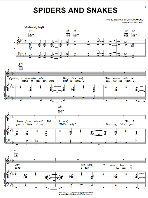 Preview Jim Stafford Spiders And Snakes Children sheet music, notes and chords for Piano, Vocal & Guitar (Right-Hand Melody), SKU: 18325 sheet music, piano notes, chords, guitar tabs, score, transpose, transcribe, how to play, guide, download, learn, tutorial, progression, song, artist, awards, billboard, mtv, vh1, tour, single, album, release