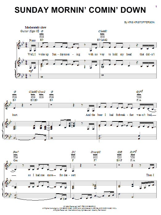 Preview Kris Kristofferson Sunday Mornin' Comin' Down Country sheet music, notes and chords for Piano, Vocal & Guitar (Right-Hand Melody), SKU: 18327 sheet music, piano notes, chords, guitar tabs, score, transpose, transcribe, how to play, guide, download, learn, tutorial, progression, song, artist, awards, billboard, mtv, vh1, tour, single, album, release