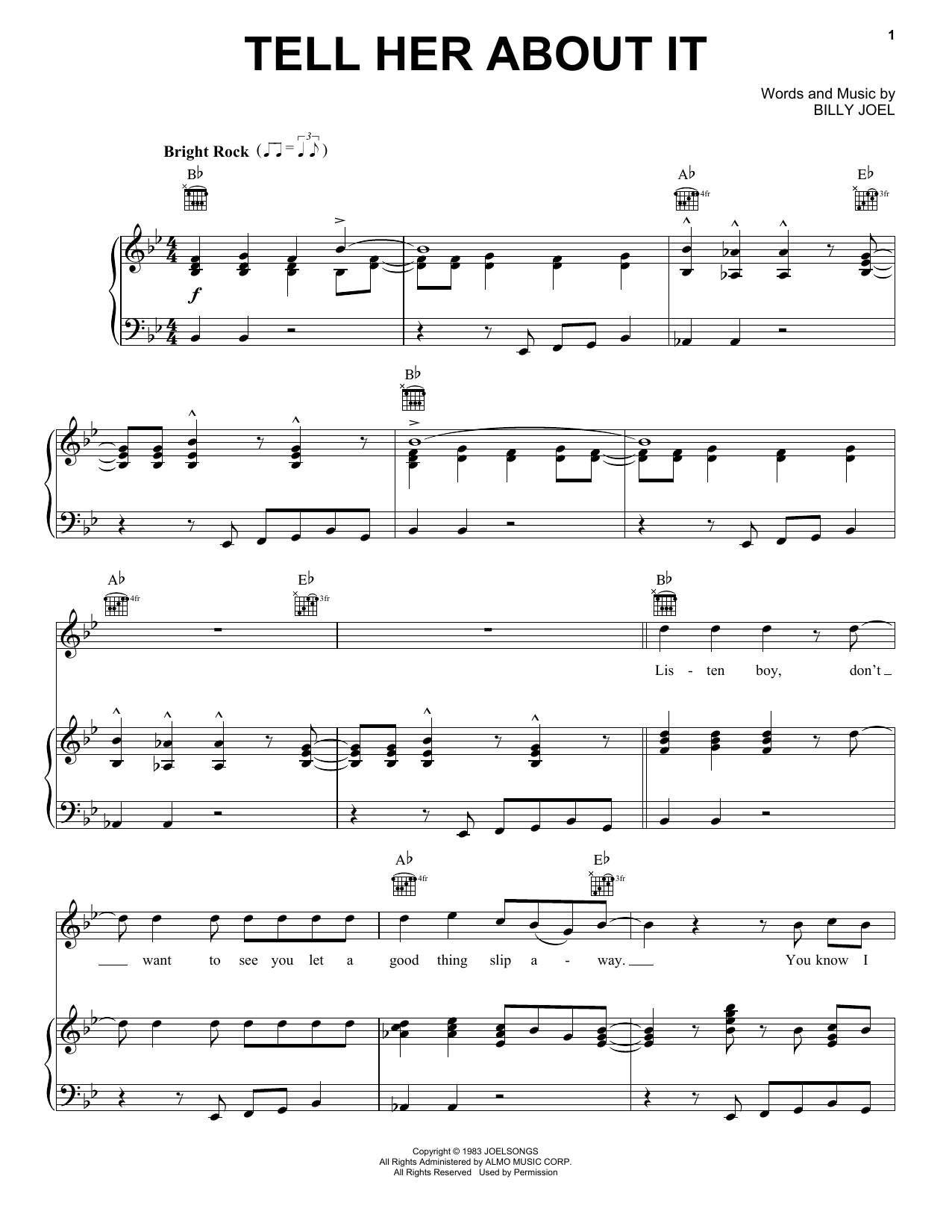 Preview Billy Joel Tell Her About It Rock sheet music, notes and chords for Piano, Vocal & Guitar (Right-Hand Melody), SKU: 18329 sheet music, piano notes, chords, guitar tabs, score, transpose, transcribe, how to play, guide, download, learn, tutorial, progression, song, artist, awards, billboard, mtv, vh1, tour, single, album, release