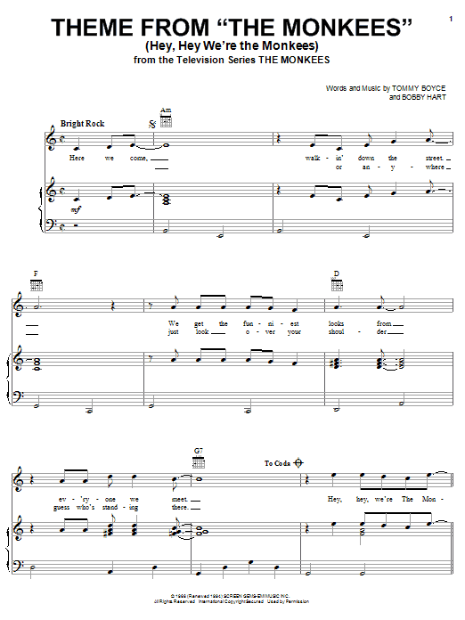 Preview The Monkees Theme from The Monkees (Hey, Hey We're The Monkees) Pop sheet music, notes and chords for Piano, Vocal & Guitar (Right-Hand Melody), SKU: 18331 sheet music, piano notes, chords, guitar tabs, score, transpose, transcribe, how to play, guide, download, learn, tutorial, progression, song, artist, awards, billboard, mtv, vh1, tour, single, album, release