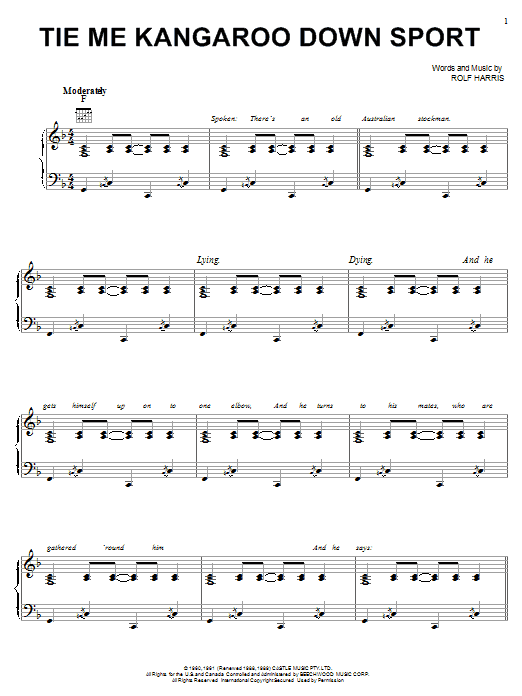 Preview Rolf Harris Tie Me Kangaroo Down Sport Children sheet music, notes and chords for Piano, Vocal & Guitar (Right-Hand Melody), SKU: 18333 sheet music, piano notes, chords, guitar tabs, score, transpose, transcribe, how to play, guide, download, learn, tutorial, progression, song, artist, awards, billboard, mtv, vh1, tour, single, album, release