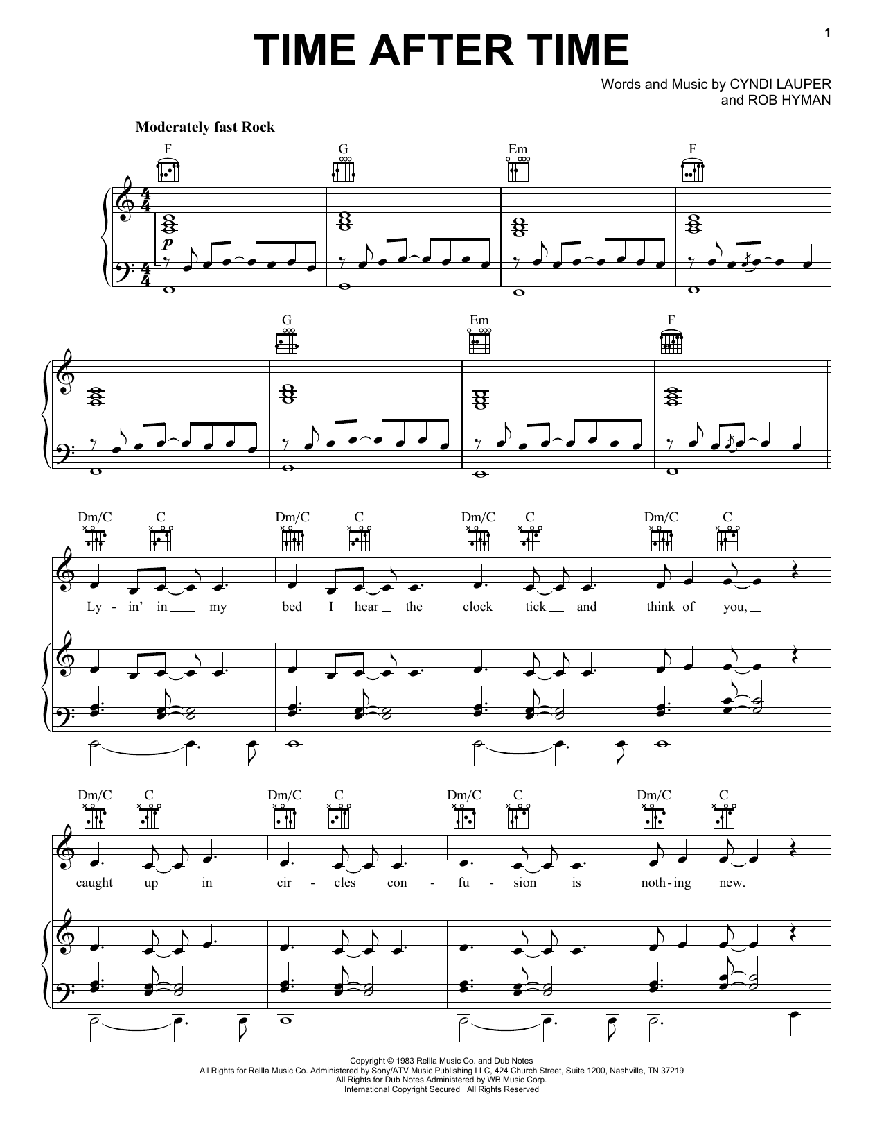 Preview Cyndi Lauper Time After Time Pop sheet music, notes and chords for Piano, Vocal & Guitar (Right-Hand Melody), SKU: 18334 sheet music, piano notes, chords, guitar tabs, score, transpose, transcribe, how to play, guide, download, learn, tutorial, progression, song, artist, awards, billboard, mtv, vh1, tour, single, album, release