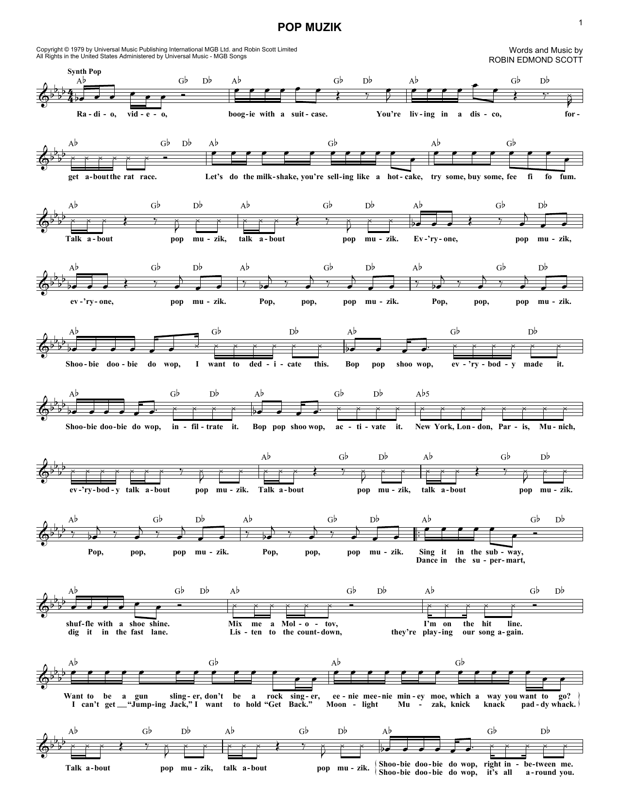 Preview Robin Edmond Scott Pop Muzik Pop sheet music, notes and chords for Melody Line, Lyrics & Chords, SKU: 183367 sheet music, piano notes, chords, guitar tabs, score, transpose, transcribe, how to play, guide, download, learn, tutorial, progression, song, artist, awards, billboard, mtv, vh1, tour, single, album, release