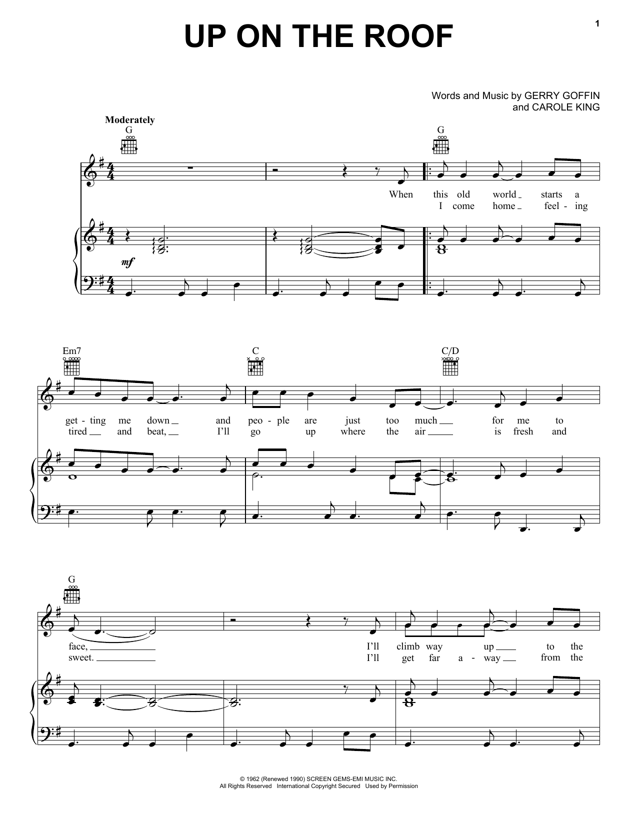 Preview The Drifters Up On The Roof Pop sheet music, notes and chords for Piano, Vocal & Guitar (Right-Hand Melody), SKU: 18339 sheet music, piano notes, chords, guitar tabs, score, transpose, transcribe, how to play, guide, download, learn, tutorial, progression, song, artist, awards, billboard, mtv, vh1, tour, single, album, release