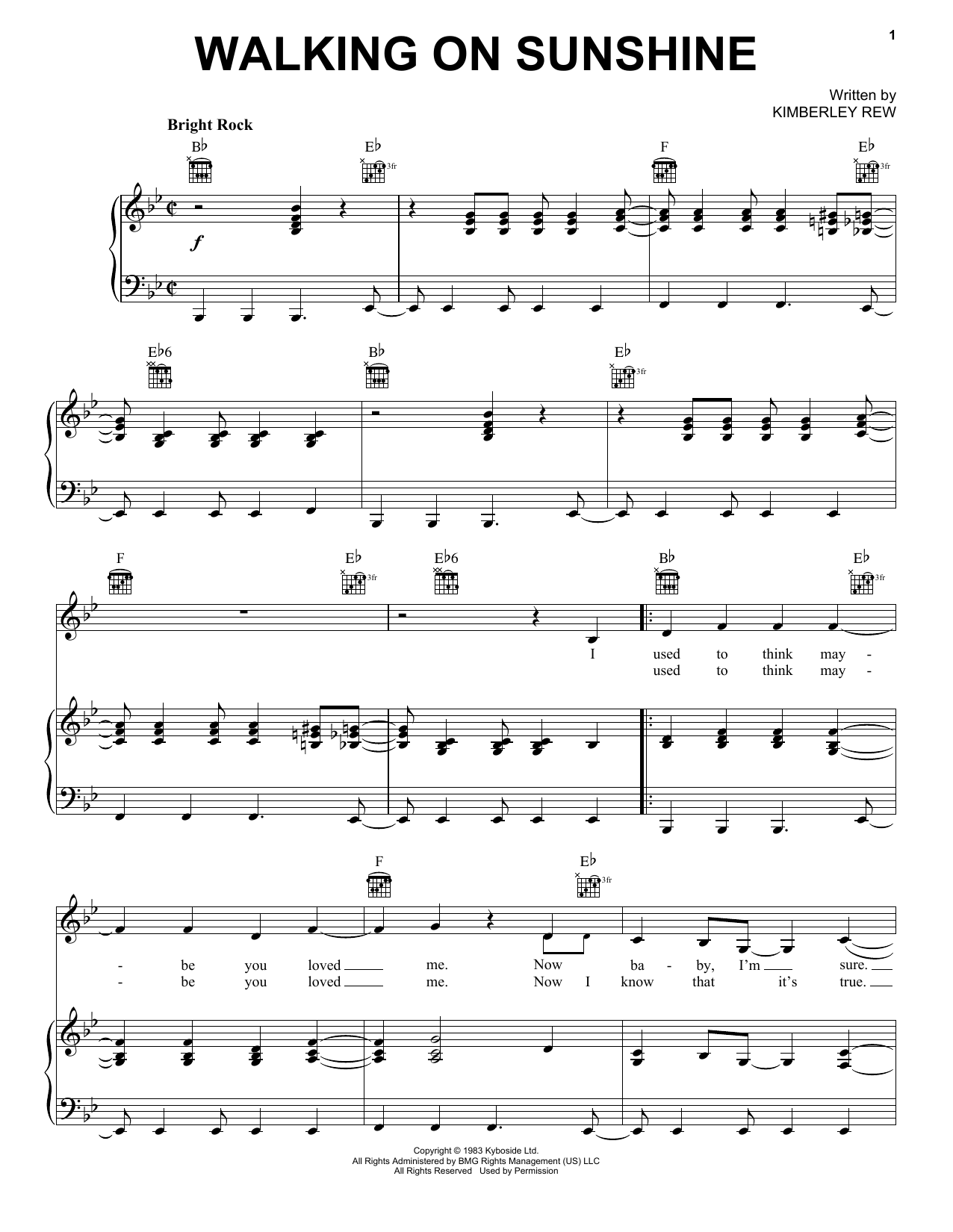 Preview Katrina and the Waves Walking On Sunshine Pop sheet music, notes and chords for Piano, Vocal & Guitar (Right-Hand Melody), SKU: 18341 sheet music, piano notes, chords, guitar tabs, score, transpose, transcribe, how to play, guide, download, learn, tutorial, progression, song, artist, awards, billboard, mtv, vh1, tour, single, album, release