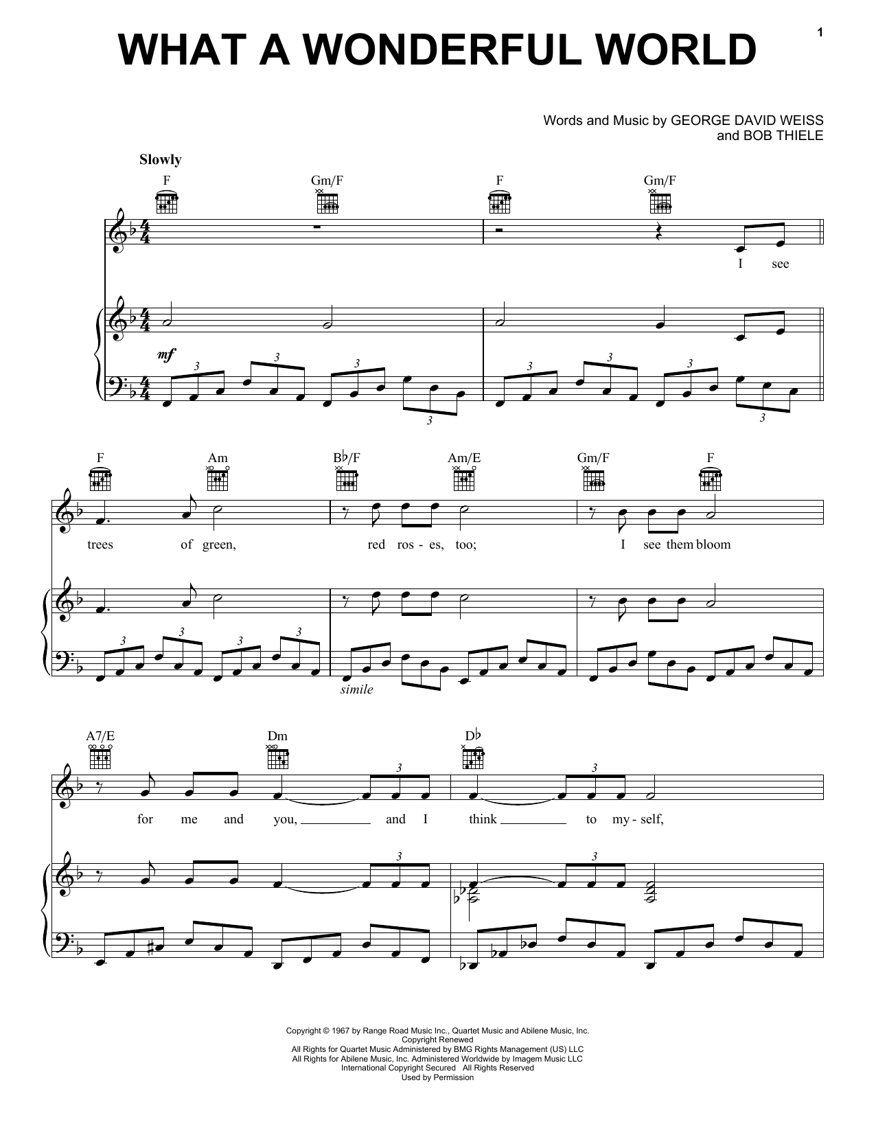 Preview Louis Armstrong What A Wonderful World Jazz sheet music, notes and chords for Piano, Vocal & Guitar (Right-Hand Melody), SKU: 18342 sheet music, piano notes, chords, guitar tabs, score, transpose, transcribe, how to play, guide, download, learn, tutorial, progression, song, artist, awards, billboard, mtv, vh1, tour, single, album, release
