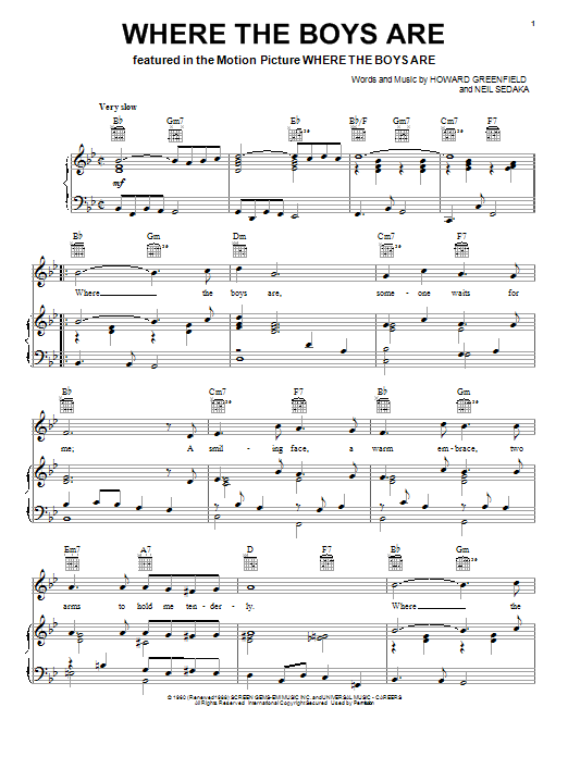 Preview Connie Francis Where The Boys Are Pop sheet music, notes and chords for Piano, Vocal & Guitar (Right-Hand Melody), SKU: 18344 sheet music, piano notes, chords, guitar tabs, score, transpose, transcribe, how to play, guide, download, learn, tutorial, progression, song, artist, awards, billboard, mtv, vh1, tour, single, album, release