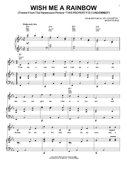 Preview Jay Livingston Wish Me A Rainbow Film and TV sheet music, notes and chords for Piano, Vocal & Guitar (Right-Hand Melody), SKU: 18347 sheet music, piano notes, chords, guitar tabs, score, transpose, transcribe, how to play, guide, download, learn, tutorial, progression, song, artist, awards, billboard, mtv, vh1, tour, single, album, release