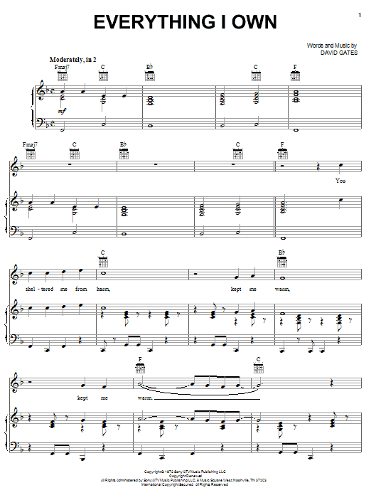 Preview Bread Everything I Own Pop sheet music, notes and chords for Piano, Vocal & Guitar (Right-Hand Melody), SKU: 18350 sheet music, piano notes, chords, guitar tabs, score, transpose, transcribe, how to play, guide, download, learn, tutorial, progression, song, artist, awards, billboard, mtv, vh1, tour, single, album, release