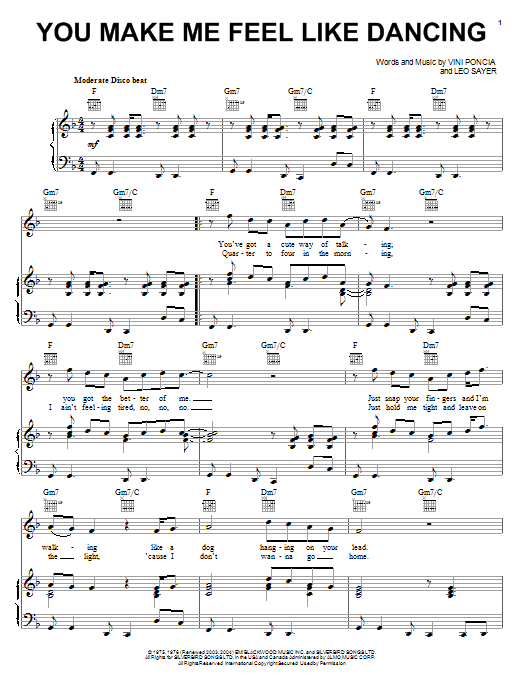 Preview Leo Sayer You Make Me Feel Like Dancing Classics sheet music, notes and chords for Piano, Vocal & Guitar (Right-Hand Melody), SKU: 18356 sheet music, piano notes, chords, guitar tabs, score, transpose, transcribe, how to play, guide, download, learn, tutorial, progression, song, artist, awards, billboard, mtv, vh1, tour, single, album, release