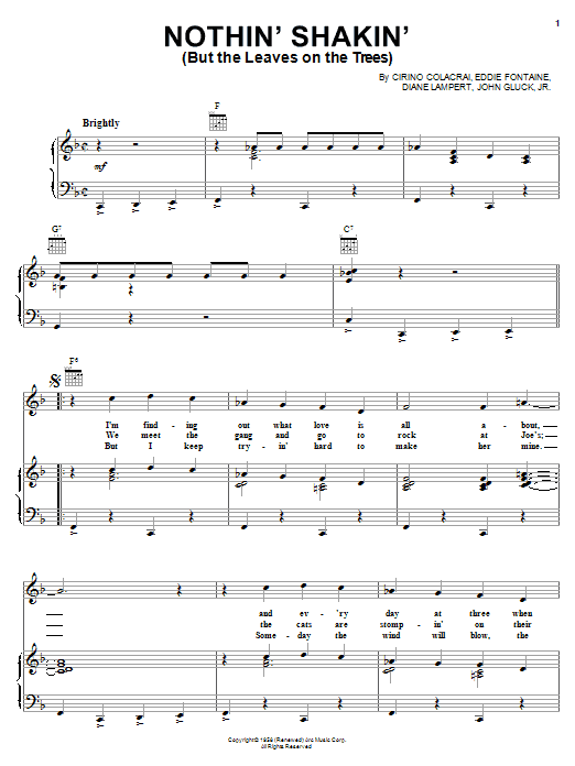 Preview Cirino Colacrai Nothin' Shakin' (But The Leaves On The Trees) Rock sheet music, notes and chords for Piano, Vocal & Guitar (Right-Hand Melody), SKU: 18357 sheet music, piano notes, chords, guitar tabs, score, transpose, transcribe, how to play, guide, download, learn, tutorial, progression, song, artist, awards, billboard, mtv, vh1, tour, single, album, release