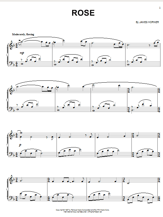 Preview James Horner Rose (from Titanic) Film and TV sheet music, notes and chords for Piano, SKU: 18359 sheet music, piano notes, chords, guitar tabs, score, transpose, transcribe, how to play, guide, download, learn, tutorial, progression, song, artist, awards, billboard, mtv, vh1, tour, single, album, release