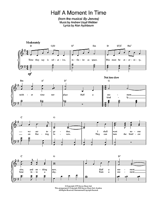 Preview Andrew Lloyd Webber Half A Moment In Time (from By Jeeves) Musicals sheet music, notes and chords for Piano, SKU: 18376 sheet music, piano notes, chords, guitar tabs, score, transpose, transcribe, how to play, guide, download, learn, tutorial, progression, song, artist, awards, billboard, mtv, vh1, tour, single, album, release