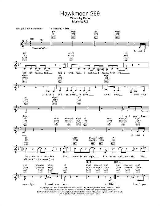 Preview U2 Hawkmoon 269 Rock sheet music, notes and chords for Melody Line, Lyrics & Chords, SKU: 18385 sheet music, piano notes, chords, guitar tabs, score, transpose, transcribe, how to play, guide, download, learn, tutorial, progression, song, artist, awards, billboard, mtv, vh1, tour, single, album, release