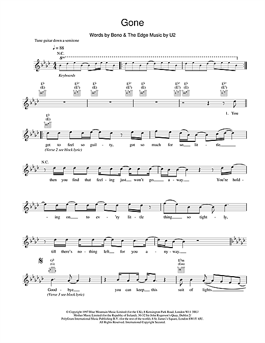 Preview U2 Gone Rock sheet music, notes and chords for Melody Line, Lyrics & Chords, SKU: 18386 sheet music, piano notes, chords, guitar tabs, score, transpose, transcribe, how to play, guide, download, learn, tutorial, progression, song, artist, awards, billboard, mtv, vh1, tour, single, album, release