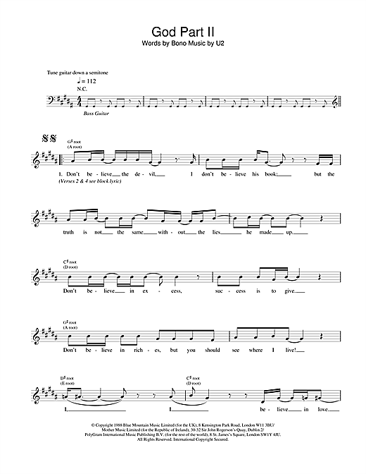 Preview U2 God Part II Rock sheet music, notes and chords for Melody Line, Lyrics & Chords, SKU: 18387 sheet music, piano notes, chords, guitar tabs, score, transpose, transcribe, how to play, guide, download, learn, tutorial, progression, song, artist, awards, billboard, mtv, vh1, tour, single, album, release