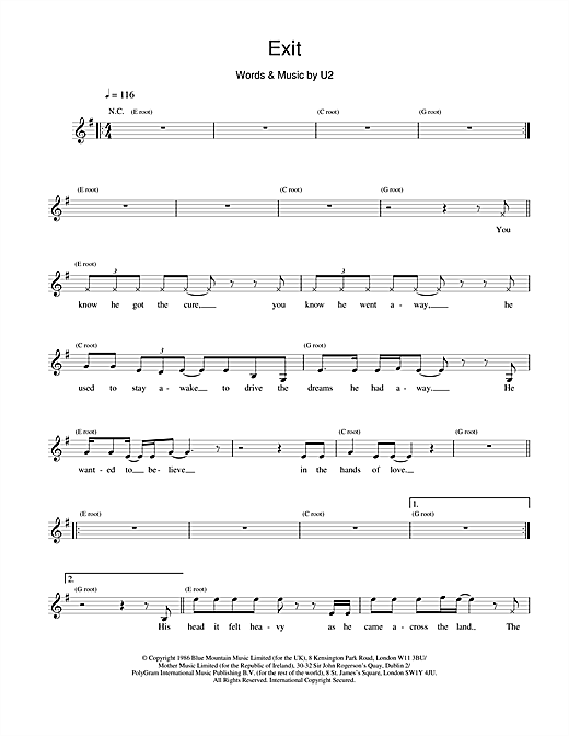 Preview U2 Exit Rock sheet music, notes and chords for Melody Line, Lyrics & Chords, SKU: 18388 sheet music, piano notes, chords, guitar tabs, score, transpose, transcribe, how to play, guide, download, learn, tutorial, progression, song, artist, awards, billboard, mtv, vh1, tour, single, album, release