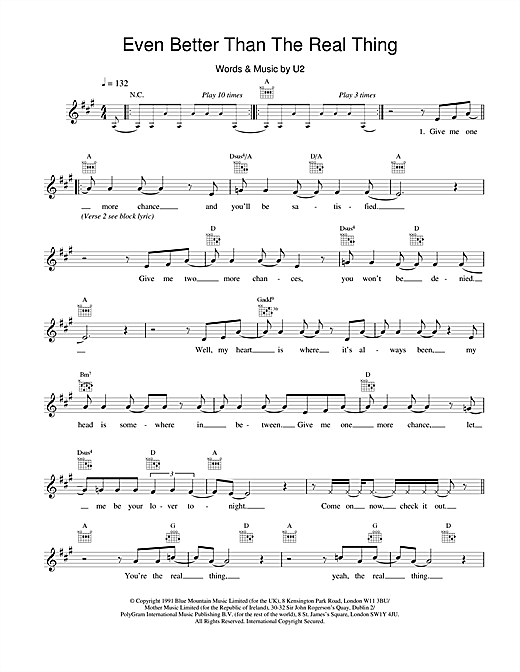Preview U2 Even Better Than The Real Thing Rock sheet music, notes and chords for Melody Line, Lyrics & Chords, SKU: 18389 sheet music, piano notes, chords, guitar tabs, score, transpose, transcribe, how to play, guide, download, learn, tutorial, progression, song, artist, awards, billboard, mtv, vh1, tour, single, album, release