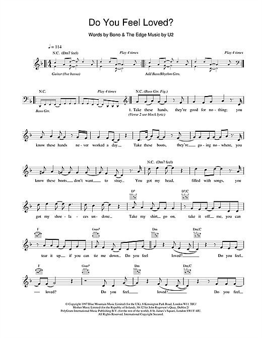 Preview U2 Do You Feel Loved? Rock sheet music, notes and chords for Melody Line, Lyrics & Chords, SKU: 18390 sheet music, piano notes, chords, guitar tabs, score, transpose, transcribe, how to play, guide, download, learn, tutorial, progression, song, artist, awards, billboard, mtv, vh1, tour, single, album, release