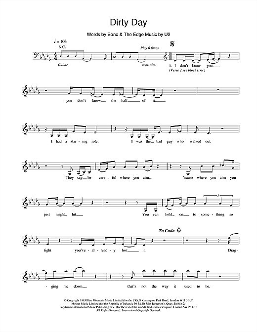 Preview U2 Dirty Day Rock sheet music, notes and chords for Melody Line, Lyrics & Chords, SKU: 18392 sheet music, piano notes, chords, guitar tabs, score, transpose, transcribe, how to play, guide, download, learn, tutorial, progression, song, artist, awards, billboard, mtv, vh1, tour, single, album, release