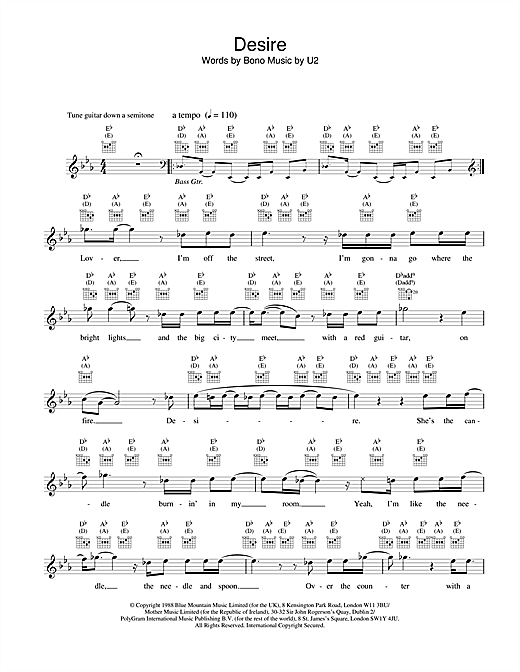 Preview U2 Desire Rock sheet music, notes and chords for Melody Line, Lyrics & Chords, SKU: 18393 sheet music, piano notes, chords, guitar tabs, score, transpose, transcribe, how to play, guide, download, learn, tutorial, progression, song, artist, awards, billboard, mtv, vh1, tour, single, album, release