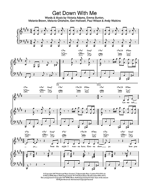 Preview The Spice Girls Get Down With Me Pop sheet music, notes and chords for Piano, Vocal & Guitar, SKU: 18394 sheet music, piano notes, chords, guitar tabs, score, transpose, transcribe, how to play, guide, download, learn, tutorial, progression, song, artist, awards, billboard, mtv, vh1, tour, single, album, release