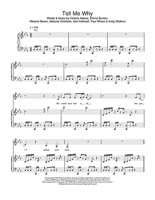 Preview The Spice Girls Tell Me Why Pop sheet music, notes and chords for Piano, Vocal & Guitar, SKU: 18395 sheet music, piano notes, chords, guitar tabs, score, transpose, transcribe, how to play, guide, download, learn, tutorial, progression, song, artist, awards, billboard, mtv, vh1, tour, single, album, release