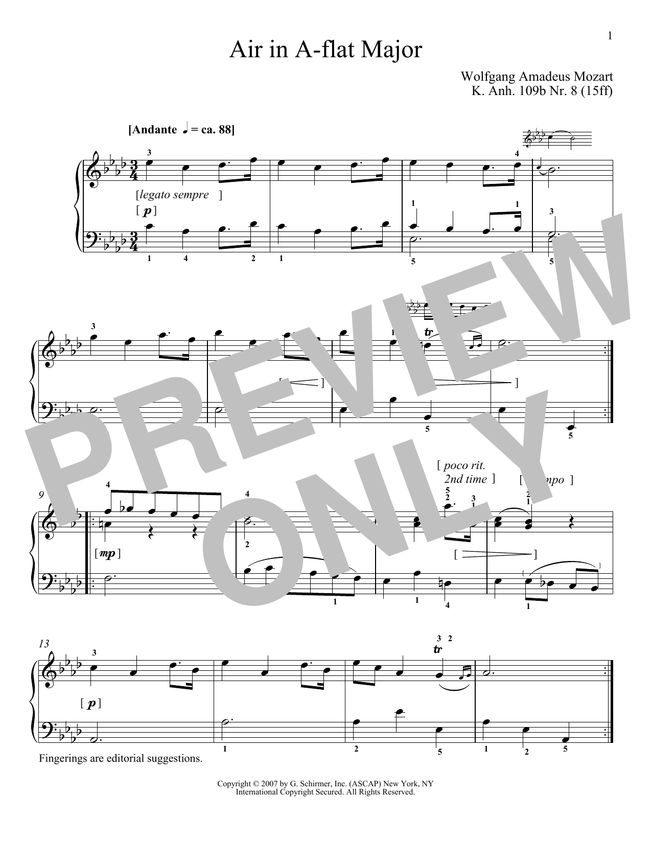 Preview Wolfgang Amadeus Mozart Air In A-Flat Major, K109b, No. 8 Pop sheet music, notes and chords for Piano, SKU: 183961 sheet music, piano notes, chords, guitar tabs, score, transpose, transcribe, how to play, guide, download, learn, tutorial, progression, song, artist, awards, billboard, mtv, vh1, tour, single, album, release