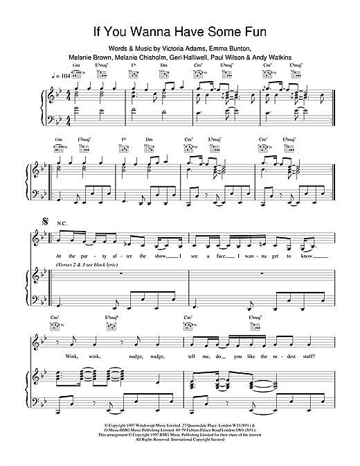 Preview The Spice Girls If You Wanna Have Some Fun Pop sheet music, notes and chords for Piano, Vocal & Guitar, SKU: 18397 sheet music, piano notes, chords, guitar tabs, score, transpose, transcribe, how to play, guide, download, learn, tutorial, progression, song, artist, awards, billboard, mtv, vh1, tour, single, album, release