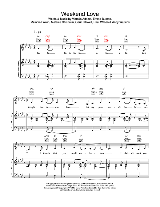 Preview The Spice Girls Weekend Love Pop sheet music, notes and chords for Piano, Vocal & Guitar, SKU: 18400 sheet music, piano notes, chords, guitar tabs, score, transpose, transcribe, how to play, guide, download, learn, tutorial, progression, song, artist, awards, billboard, mtv, vh1, tour, single, album, release