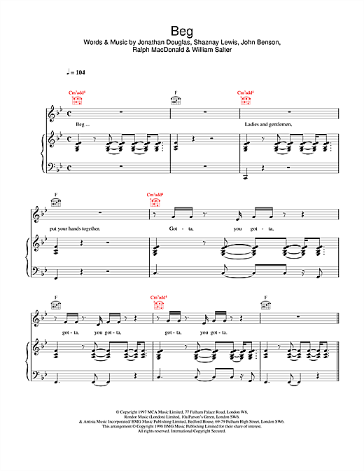 Preview All Saints Beg R & B sheet music, notes and chords for Piano, Vocal & Guitar, SKU: 18401 sheet music, piano notes, chords, guitar tabs, score, transpose, transcribe, how to play, guide, download, learn, tutorial, progression, song, artist, awards, billboard, mtv, vh1, tour, single, album, release
