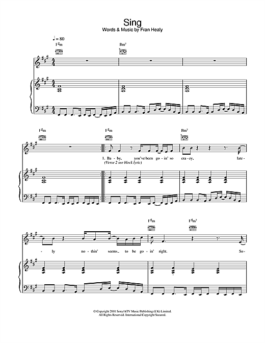 Preview Travis Sing Rock sheet music, notes and chords for Piano, Vocal & Guitar, SKU: 18421 sheet music, piano notes, chords, guitar tabs, score, transpose, transcribe, how to play, guide, download, learn, tutorial, progression, song, artist, awards, billboard, mtv, vh1, tour, single, album, release