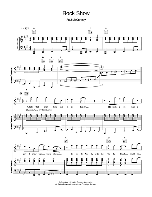 Preview Paul McCartney Rock Show Pop sheet music, notes and chords for Piano, Vocal & Guitar, SKU: 18422 sheet music, piano notes, chords, guitar tabs, score, transpose, transcribe, how to play, guide, download, learn, tutorial, progression, song, artist, awards, billboard, mtv, vh1, tour, single, album, release