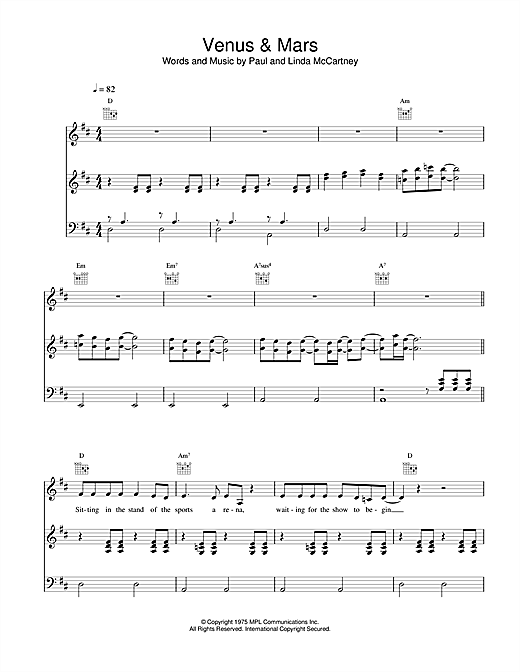 Preview Paul McCartney & Wings Venus And Mars Rock sheet music, notes and chords for Piano, Vocal & Guitar (Right-Hand Melody), SKU: 18426 sheet music, piano notes, chords, guitar tabs, score, transpose, transcribe, how to play, guide, download, learn, tutorial, progression, song, artist, awards, billboard, mtv, vh1, tour, single, album, release