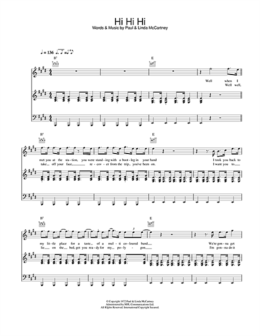 Preview Paul McCartney & Wings Hi Hi Hi Rock sheet music, notes and chords for Piano, Vocal & Guitar, SKU: 18427 sheet music, piano notes, chords, guitar tabs, score, transpose, transcribe, how to play, guide, download, learn, tutorial, progression, song, artist, awards, billboard, mtv, vh1, tour, single, album, release